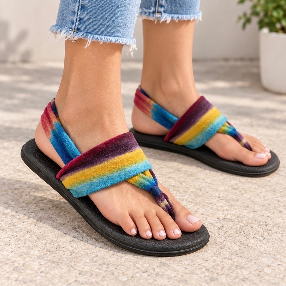 Sanuk‎ Yoga Mat Sling Back Flip Flops Comfort Sandals Rainbow Striped 8 Stretch